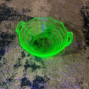 Vintage Uranium Glass Bowl Scalloped Rim Wavy Lines Design with Handles 1930's